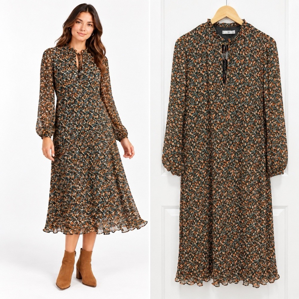 MNG Suit By Mango Floral Pleated Midi Dress Long Sleeve Flowy Boho US Size 6